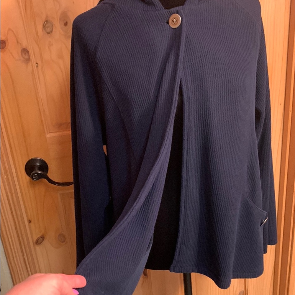 Coldwater Creek Cozy Navy Hooded Cardigan with Button Accents - Picture 2 of 7